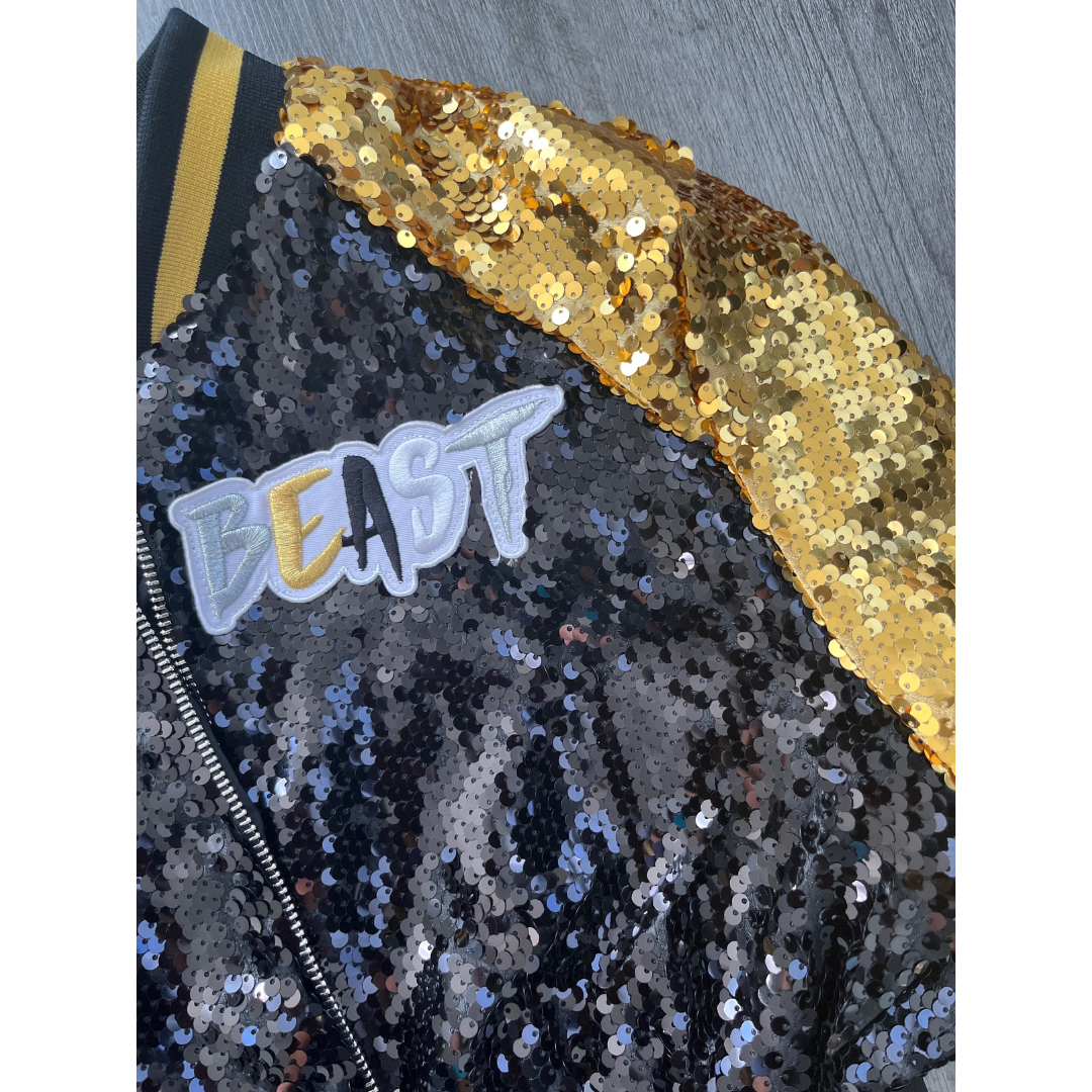 Gold & Black Sequin Cropped Varsity Bomber Jacket