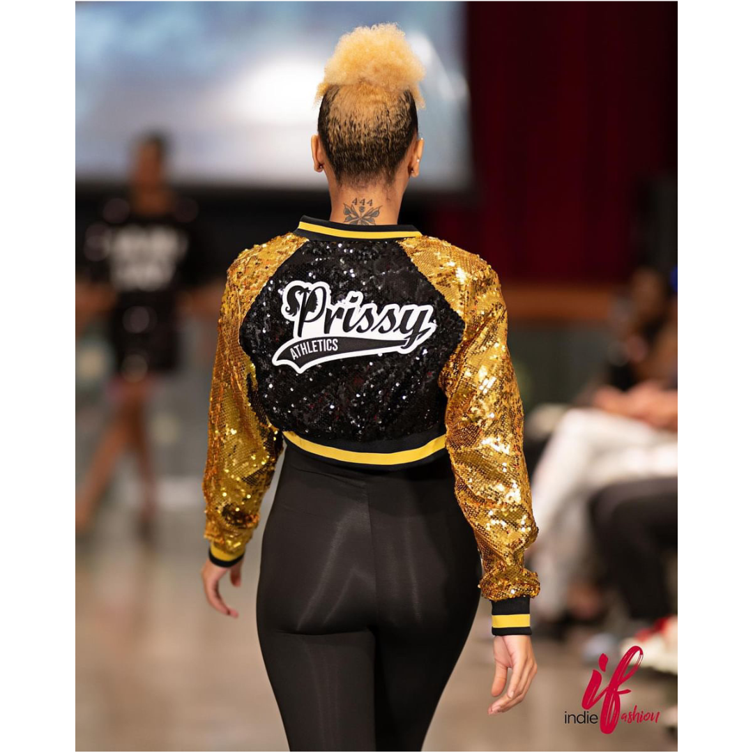 Gold & Black Sequin Cropped Varsity Bomber Jacket